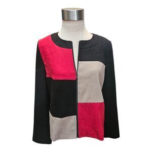 JM Collection Faux Suede Full Zip Dressy Jacket Size 10 Color Block Padded